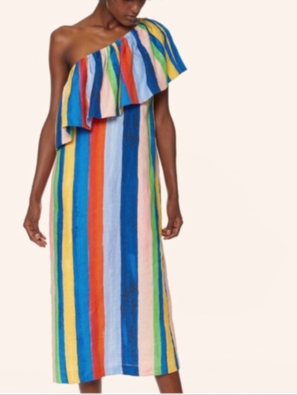 Mara Hoffman Multicolor One-Shoulder Ruffle Stripe Midi Dress